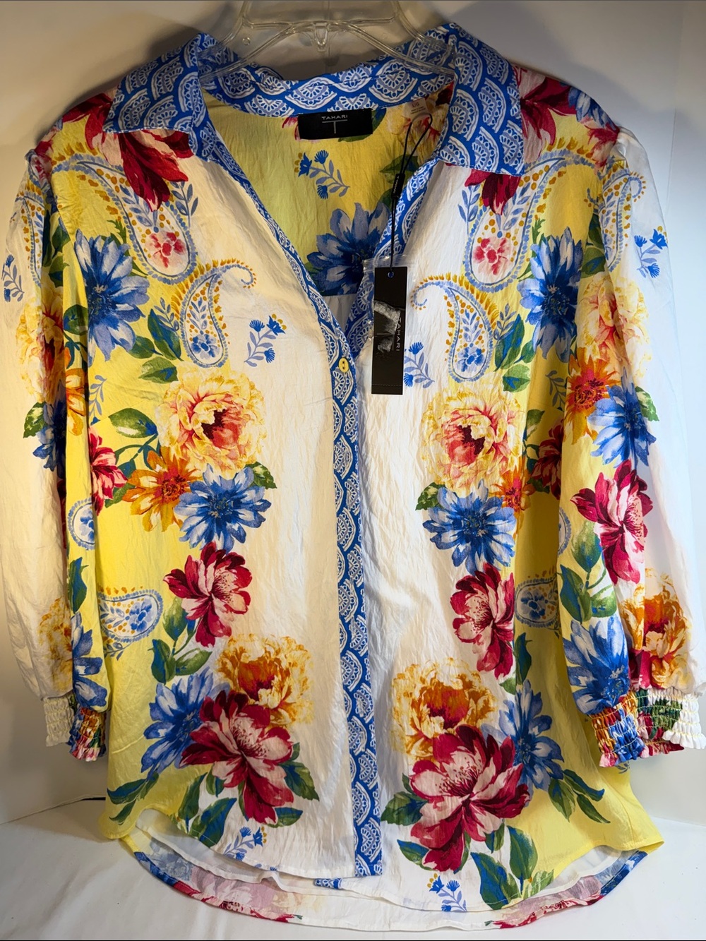 Tahari Yellow Floral Button-Front Blouse with Blue Trim